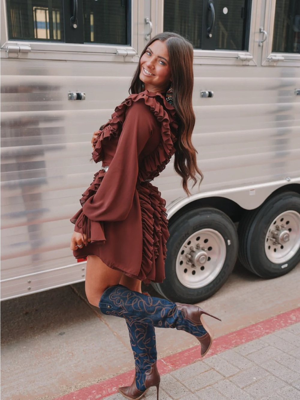 Fall Soirée Ruffle Mini Dress- Chocolate - Picture 6 of 10